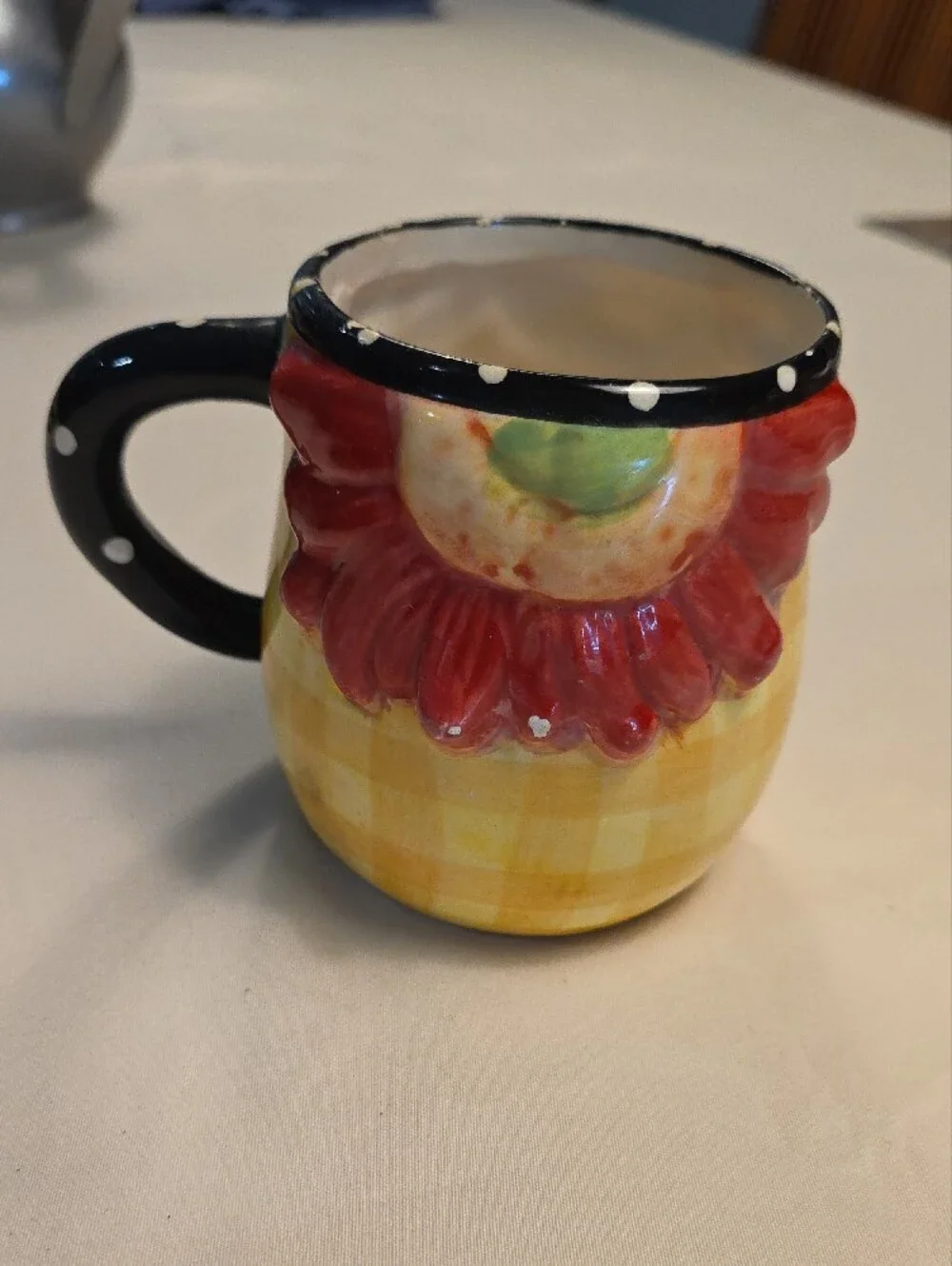 Pier 1 Yellow and Red Floral Ceramic Pitcher with Black Polka Dot Handle